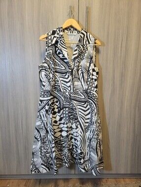 Black And White Sleeveless Summer Casual Dress With Abstract Print And Belt